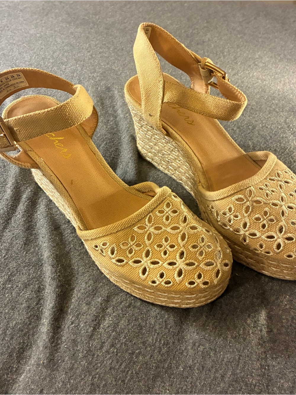 Skechers Tan Espadrille Wedge Sandals with Laser-Cut Upper